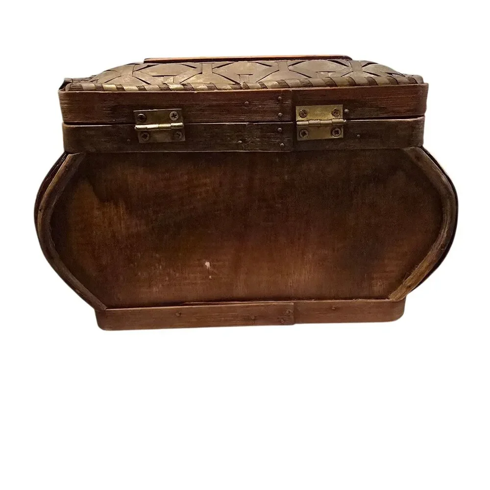 Vintage Woven Wood and Rattan Medium Size Storage Box with Metal Hook Closure.